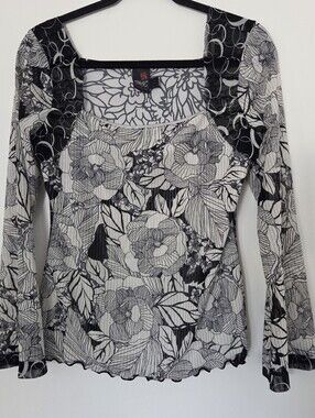 Anac Designed By Kimi Black & White Floral Mesh Long-Sleeve Top XL